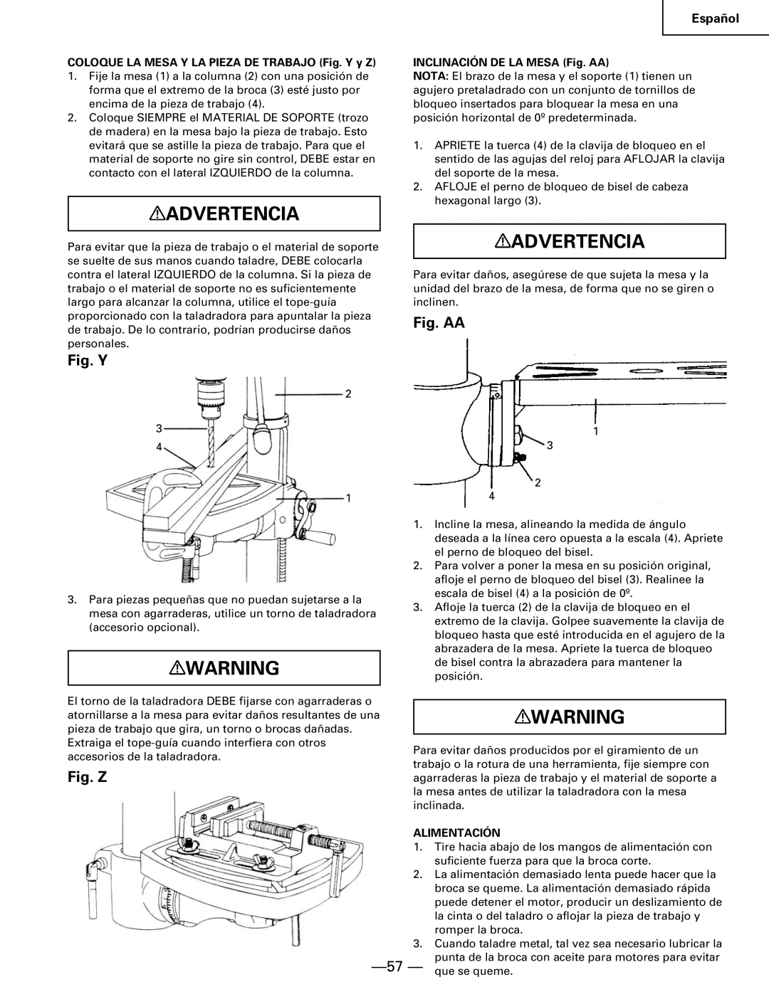 Hitachi B 16RM Coloque LA Mesa Y LA Pieza DE Trabajo Fig. Y y Z, Inclinación DE LA Mesa Fig. AA, Alimentación 