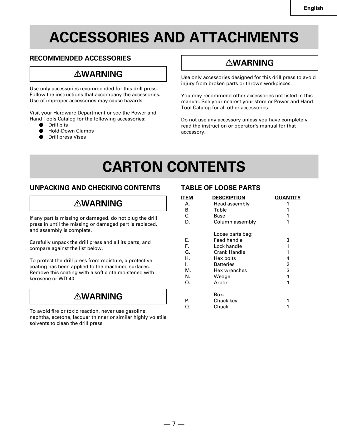 Hitachi B 16RM instruction manual Accessories and Attachments, Carton Contents 