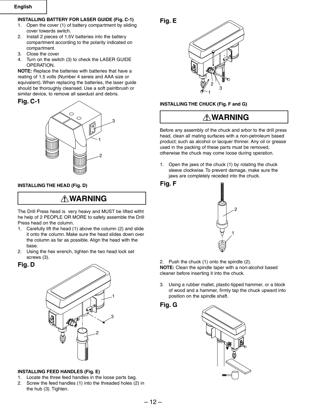 Hitachi B13F Installing Battery for Laser Guide Fig. C-1, Installing the Head Fig. D, Installing Feed Handles Fig. E 