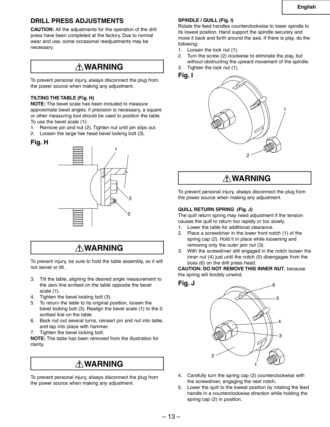 Hitachi B13F Drill Press Adjustments, Tilting the Table Fig. H, Spindle / Quill Fig, Quill Return Spring Fig. J 