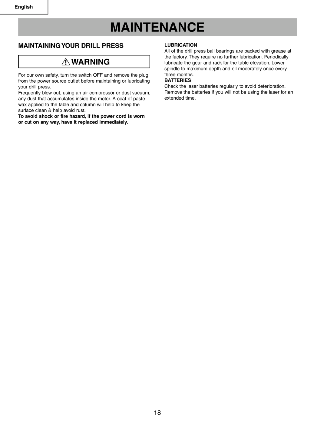 Hitachi B13F instruction manual Maintenance, Maintaining Your Drill Press, Lubrication, Batteries 