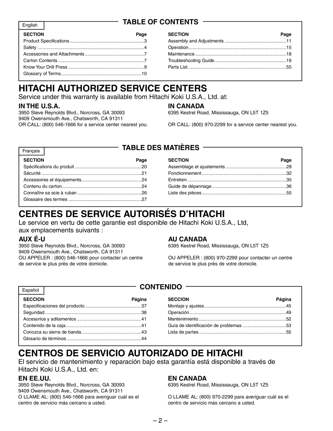 Hitachi B13F instruction manual Hitachi Authorized Service Centers 