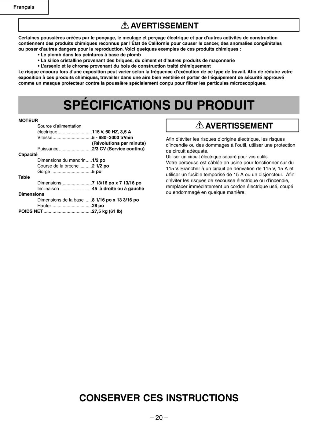 Hitachi B13F instruction manual Spécifications DU Produit, Moteur, Poids NET, 27,5 kg 61 lb 