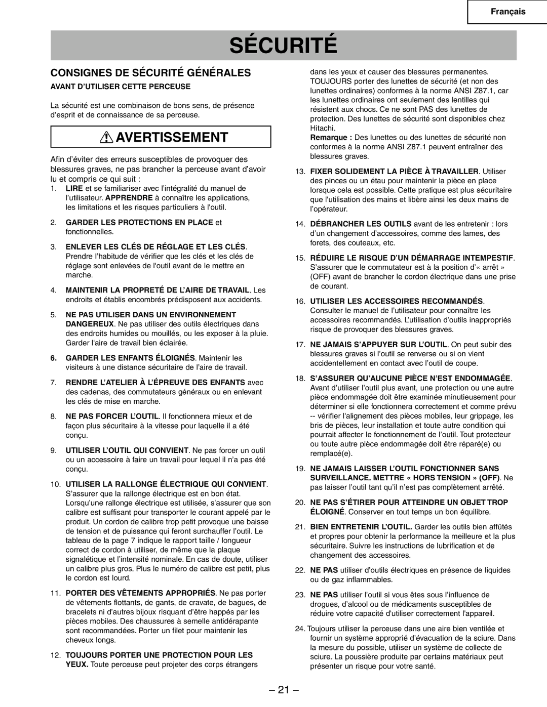 Hitachi B13F instruction manual Consignes DE Sécurité Générales, Avant D’UTILISER Cette Perceuse 