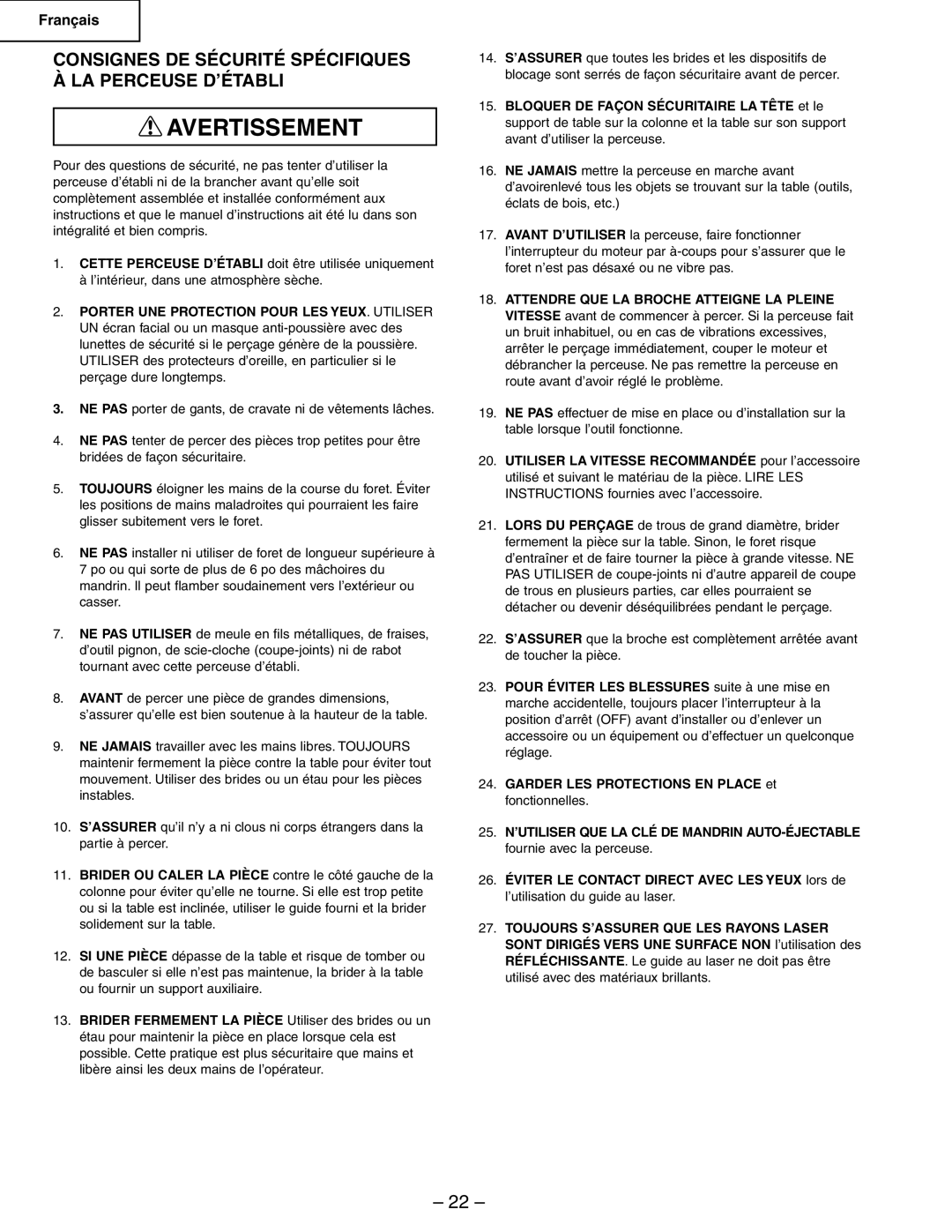 Hitachi B13F instruction manual Consignes DE Sécurité Spécifiques À LA Perceuse D’ÉTABLI 