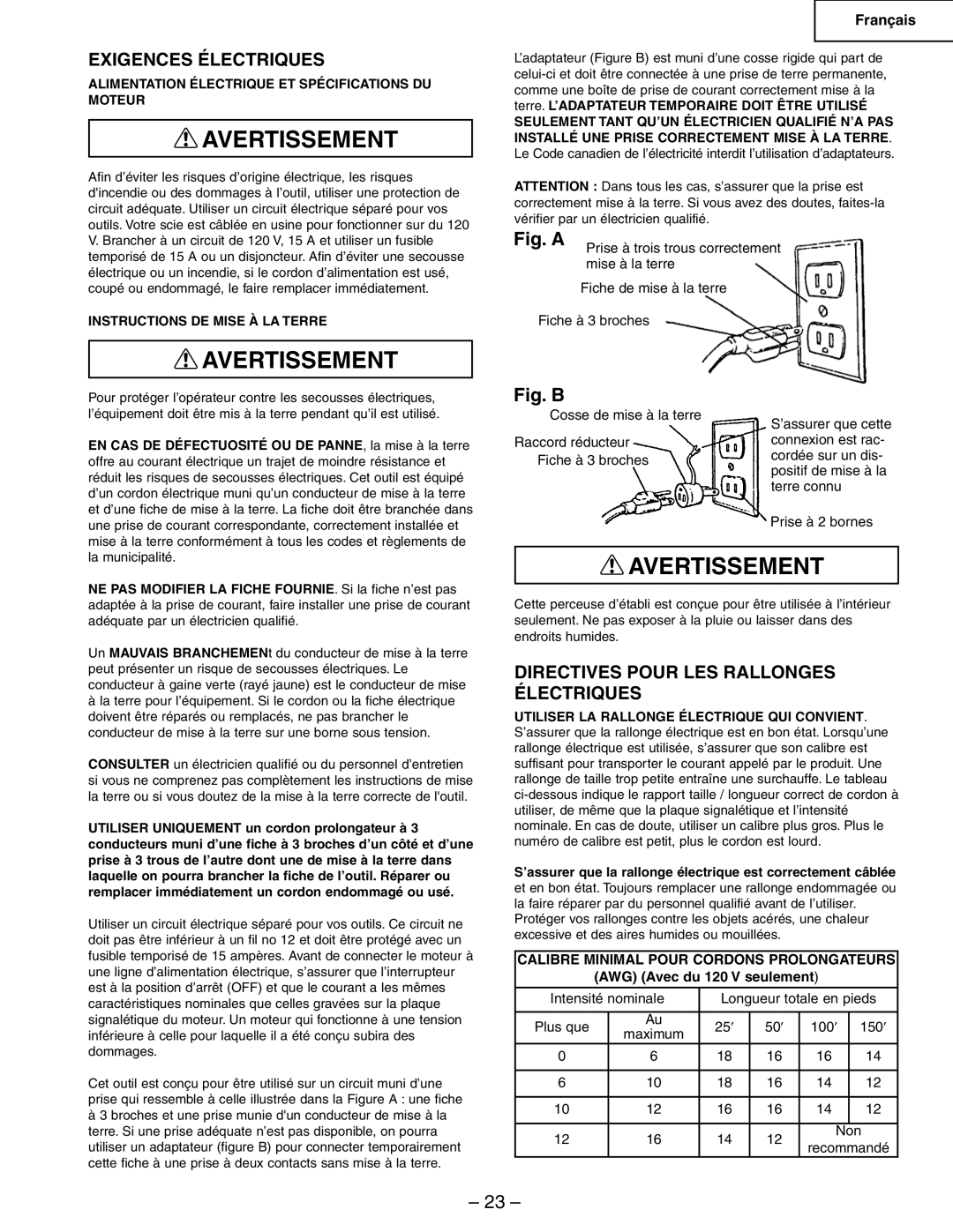 Hitachi B13F Exigences Électriques, Directives Pour LES Rallonges Électriques, Calibre Minimal Pour Cordons Prolongateurs 