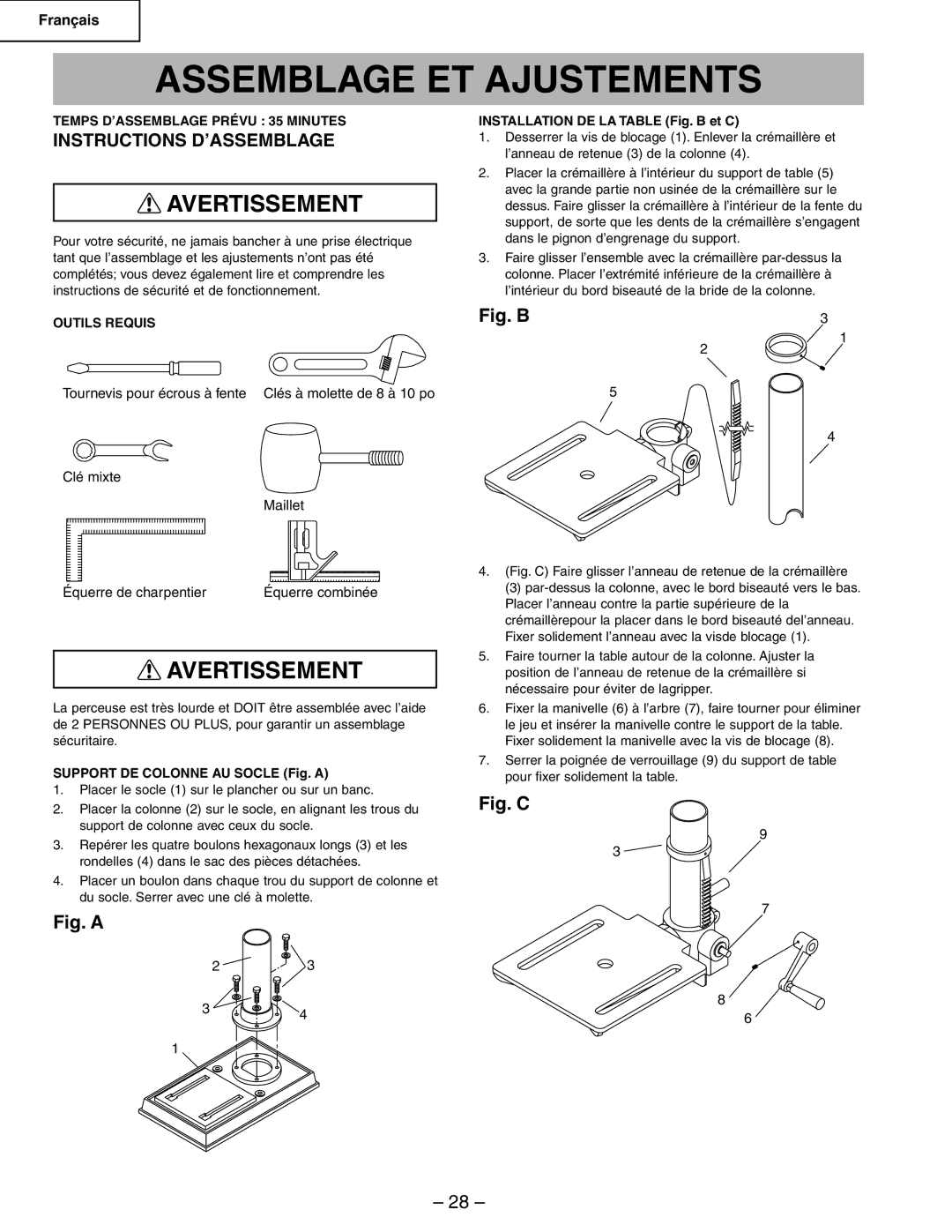 Hitachi B13F Assemblage ET Ajustements, Instructions D’ASSEMBLAGE, Temps D’ASSEMBLAGE Prévu 35 Minutes, Outils Requis 