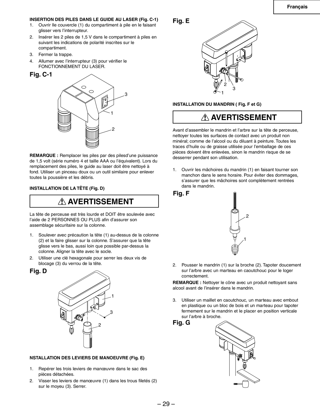 Hitachi B13F instruction manual Insertion DES Piles Dans LE Guide AU Laser Fig. C-1, Installation DE LA Tête Fig. D 