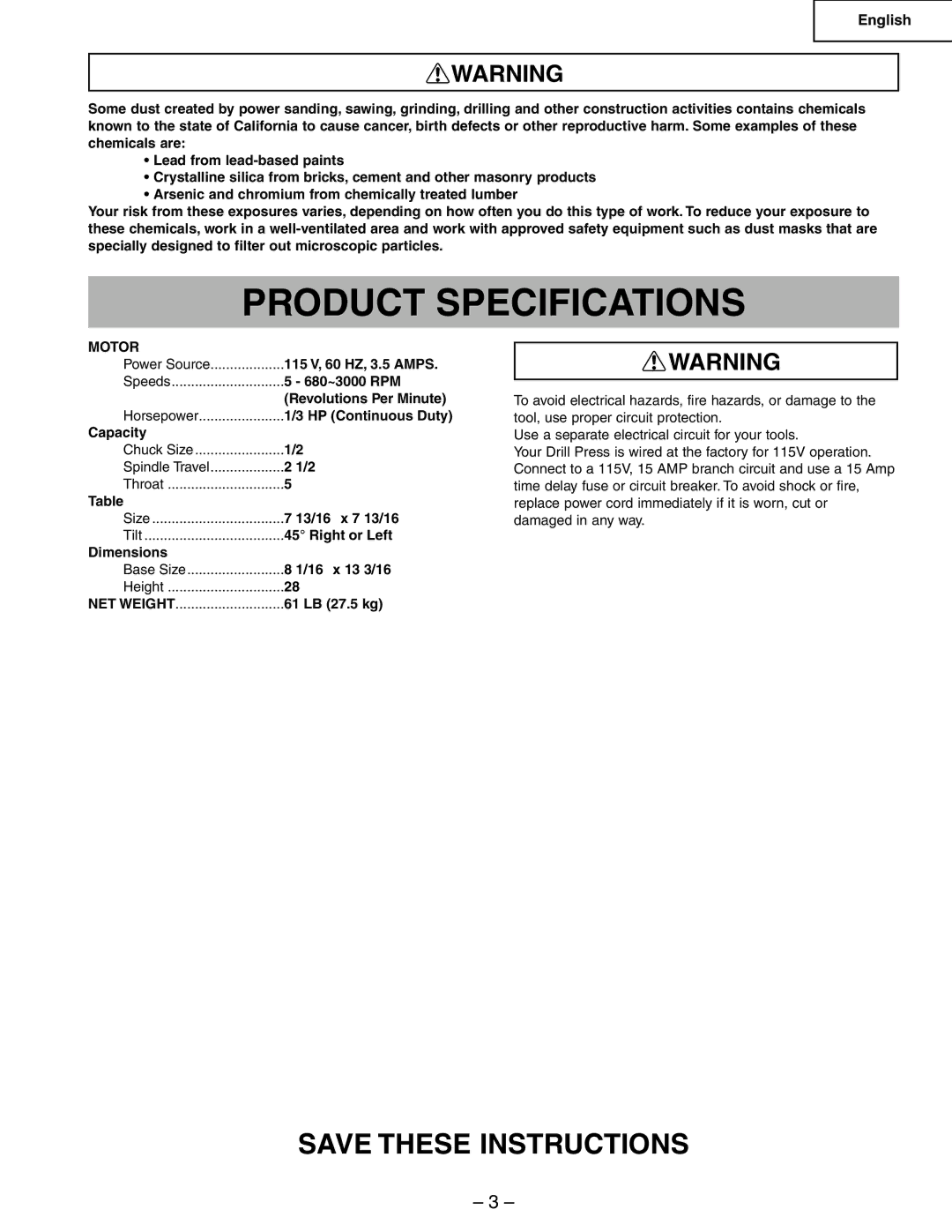 Hitachi B13F instruction manual Product Specifications, Motor, NET Weight, 61 LB 27.5 kg 