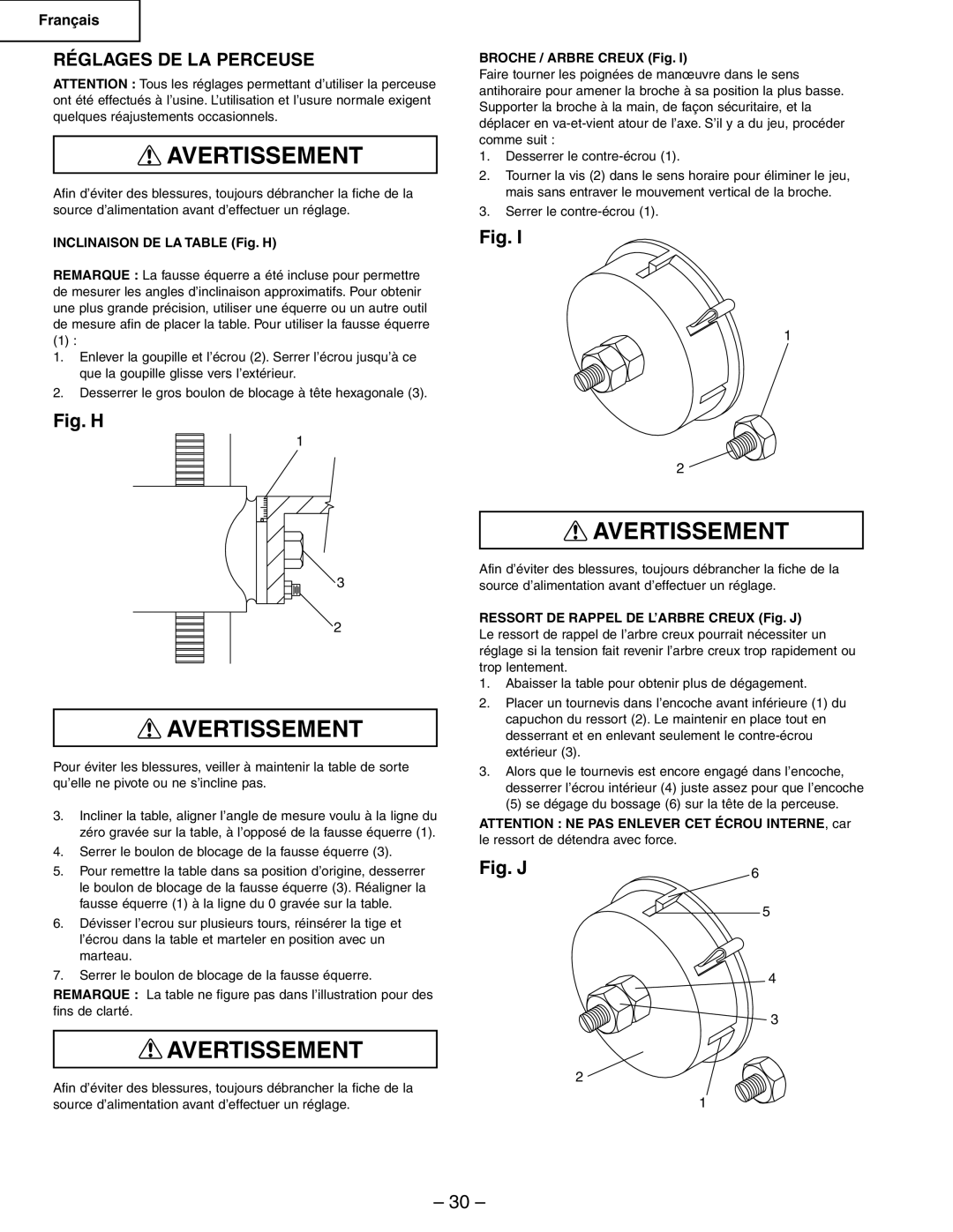 Hitachi B13F instruction manual Réglages DE LA Perceuse, Inclinaison DE LA Table Fig. H, Broche / Arbre Creux Fig 