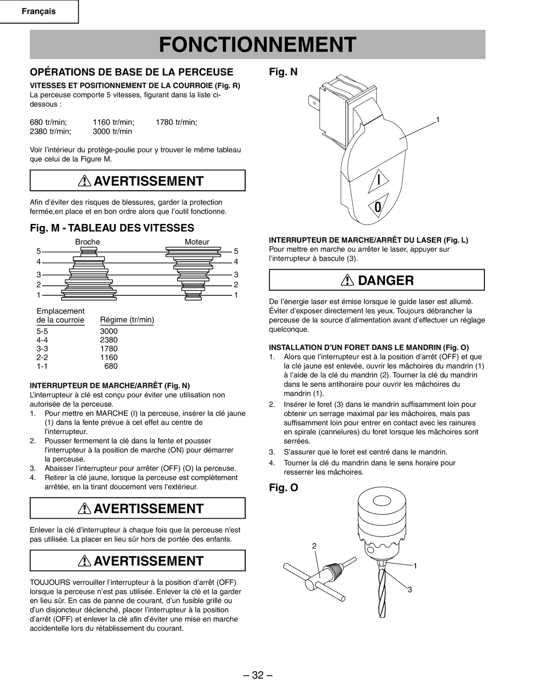 Hitachi B13F instruction manual Fonctionnement, Opérations DE Base DE LA Perceuse 