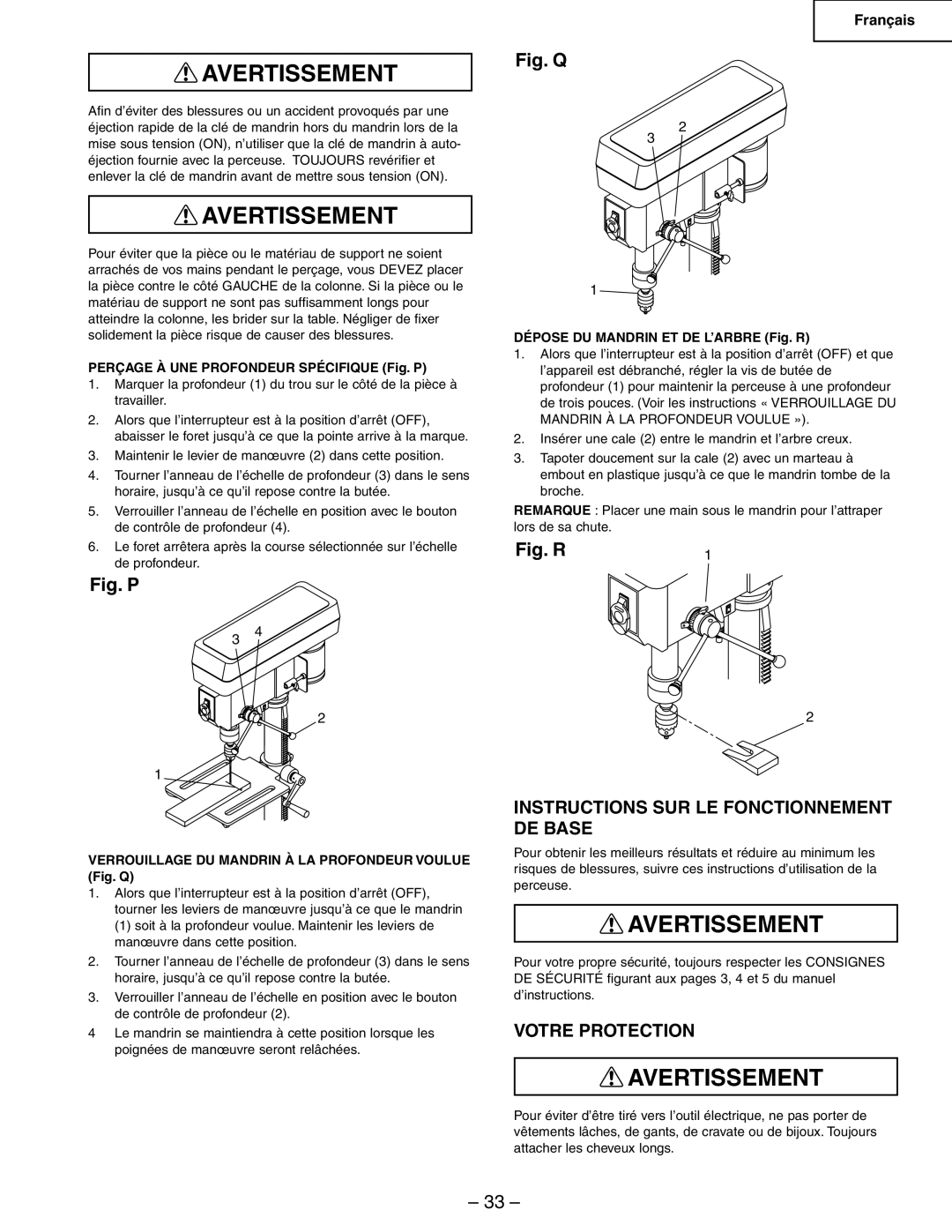 Hitachi B13F Instructions SUR LE Fonctionnement DE Base, Votre Protection, Perçage À UNE Profondeur Spécifique Fig. P 