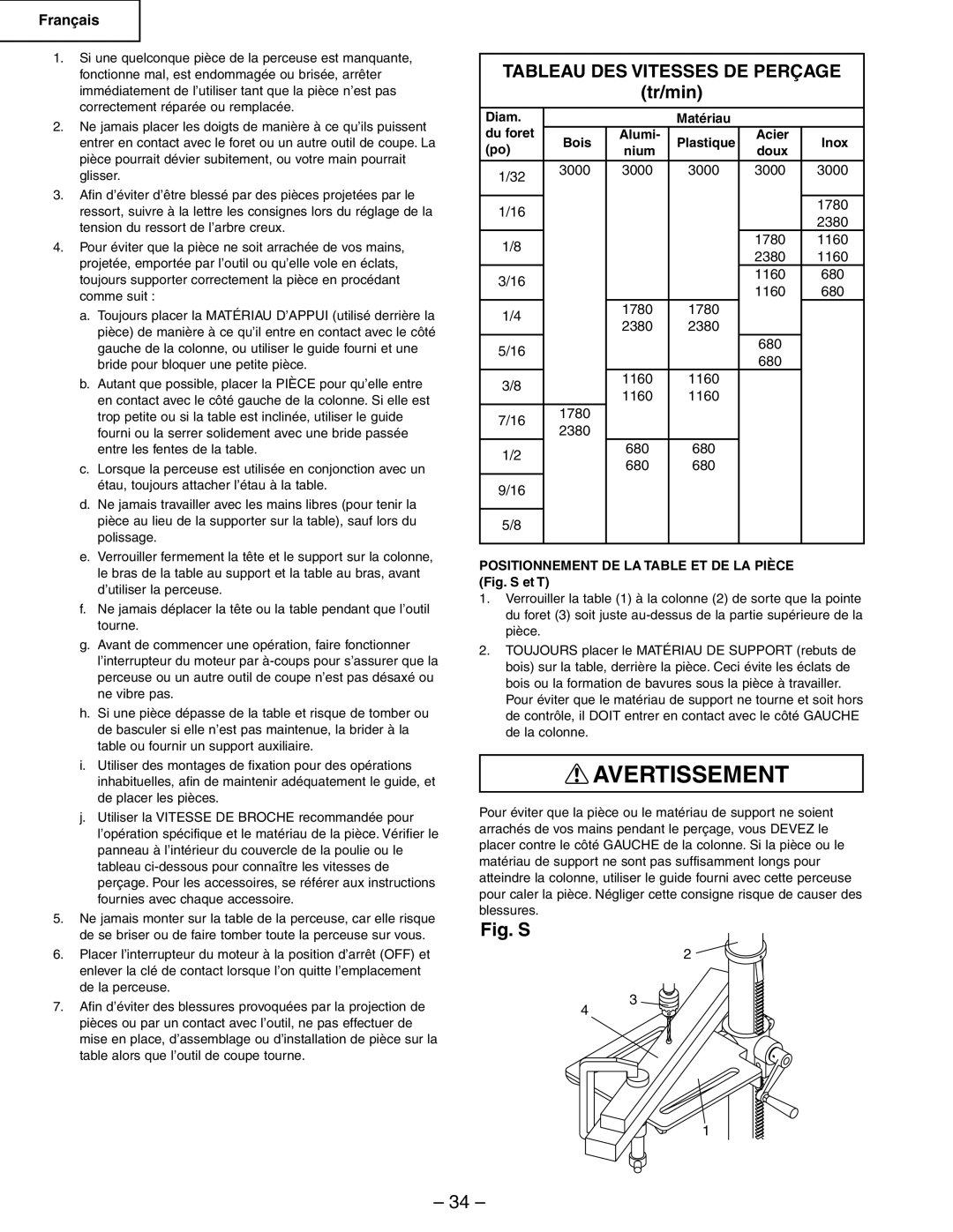 Hitachi B13F instruction manual Tableau DES Vitesses DE Perçage, Diam Matériau Du foret Bois, Plastique Acier Inox, Doux 