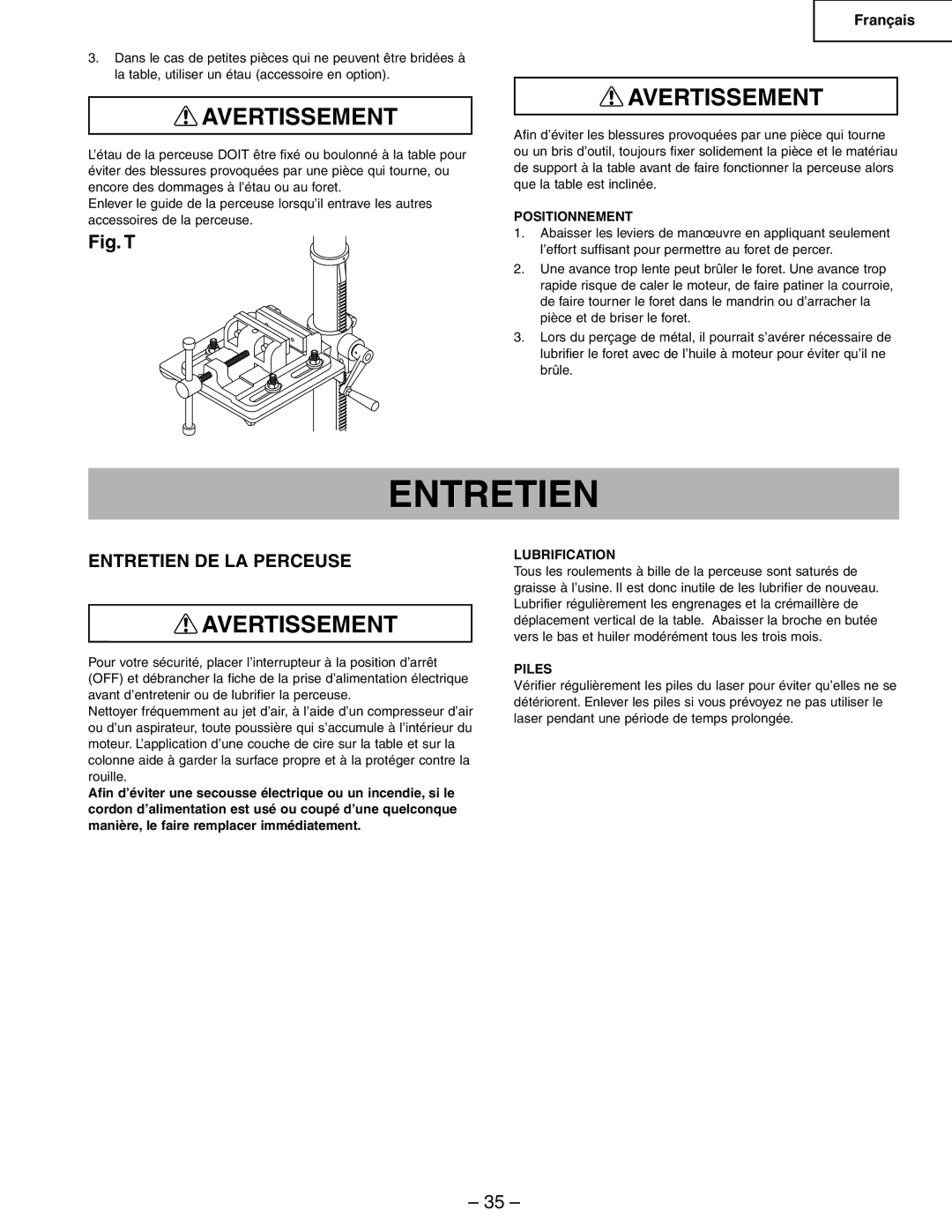 Hitachi B13F instruction manual Entretien DE LA Perceuse, Positionnement, Lubrification, Piles 