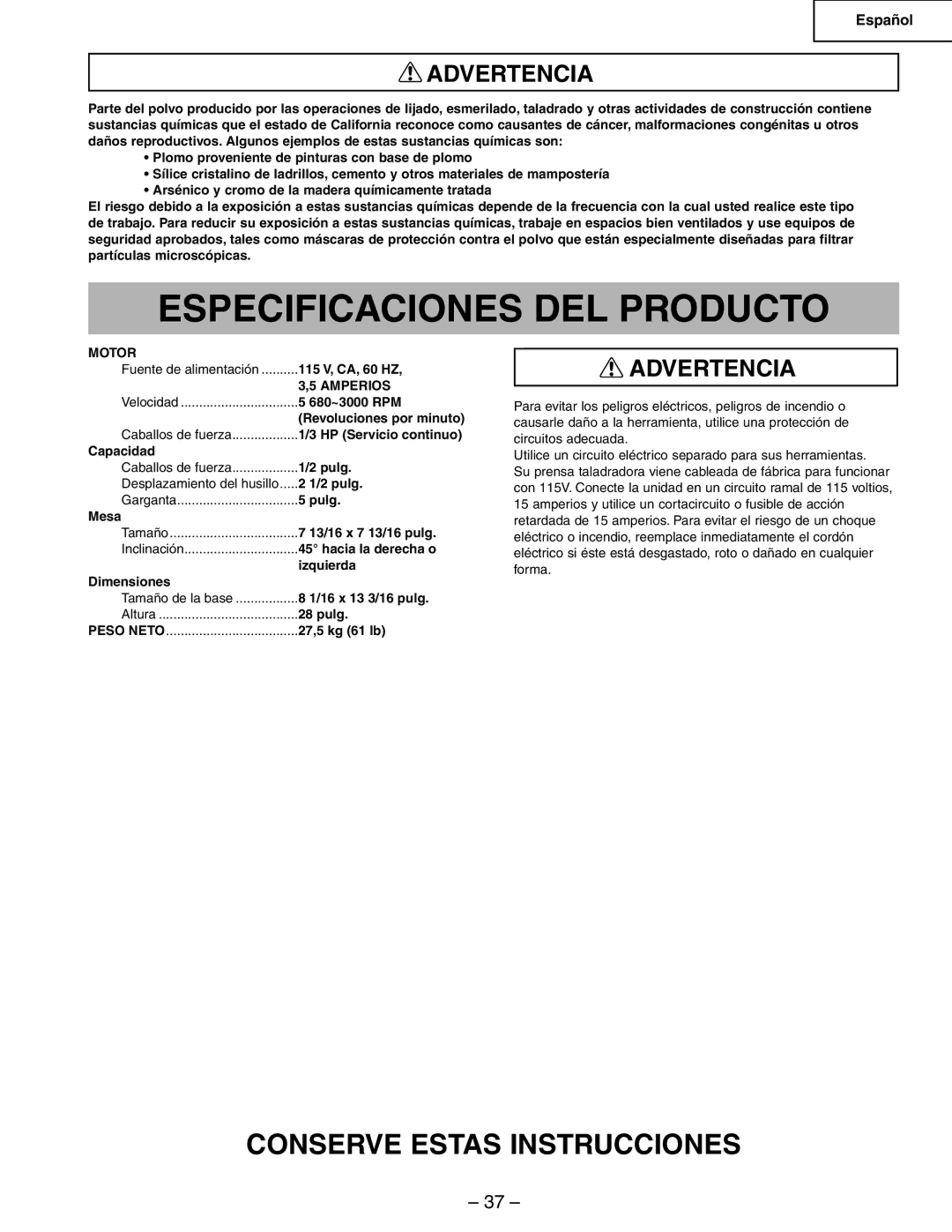 Hitachi B13F instruction manual Especificaciones DEL Producto, Motor, Amperios, Peso Neto 