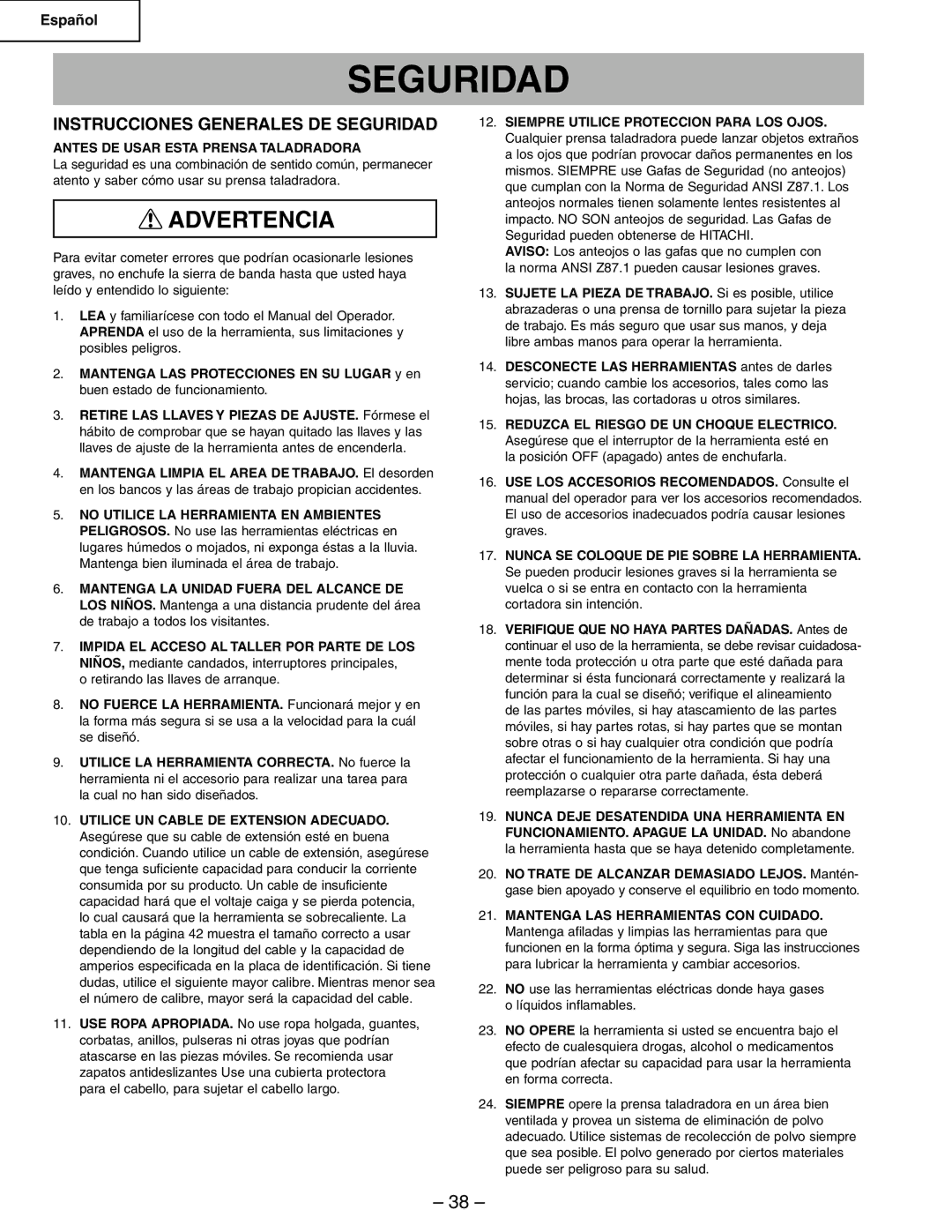 Hitachi B13F instruction manual Instrucciones Generales DE Seguridad, Antes DE Usar Esta Prensa Taladradora 