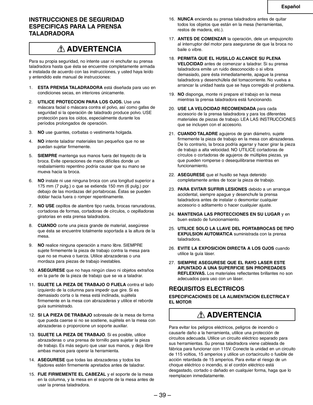 Hitachi B13F instruction manual Requisitos Electricos, Especificaciones DE LA Alimentacion Electrica Y EL Motor 