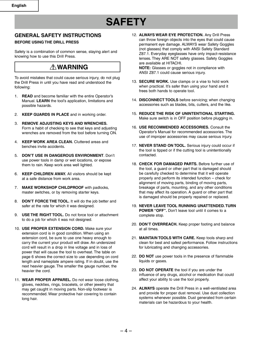 Hitachi B13F instruction manual General Safety Instructions, Before Using the Drill Press 