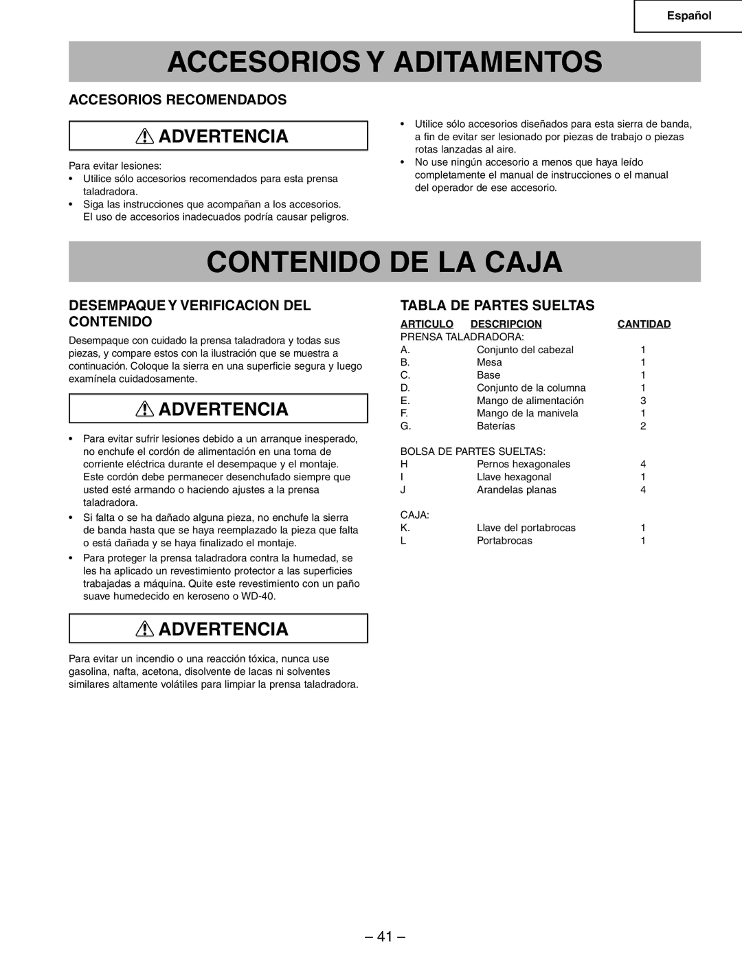 Hitachi B13F Accesorios Y Aditamentos, Contenido DE LA Caja, Accesorios Recomendados, Tabla DE Partes Sueltas 