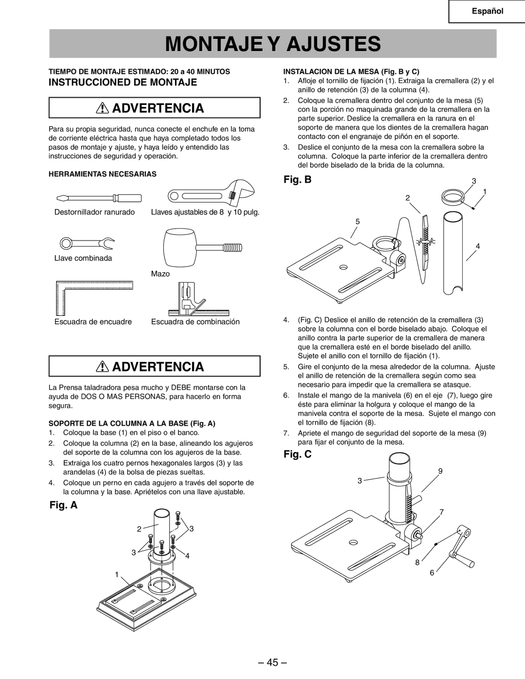 Hitachi B13F instruction manual Montaje Y Ajustes, Instruccioned DE Montaje, Herramientas Necesarias 