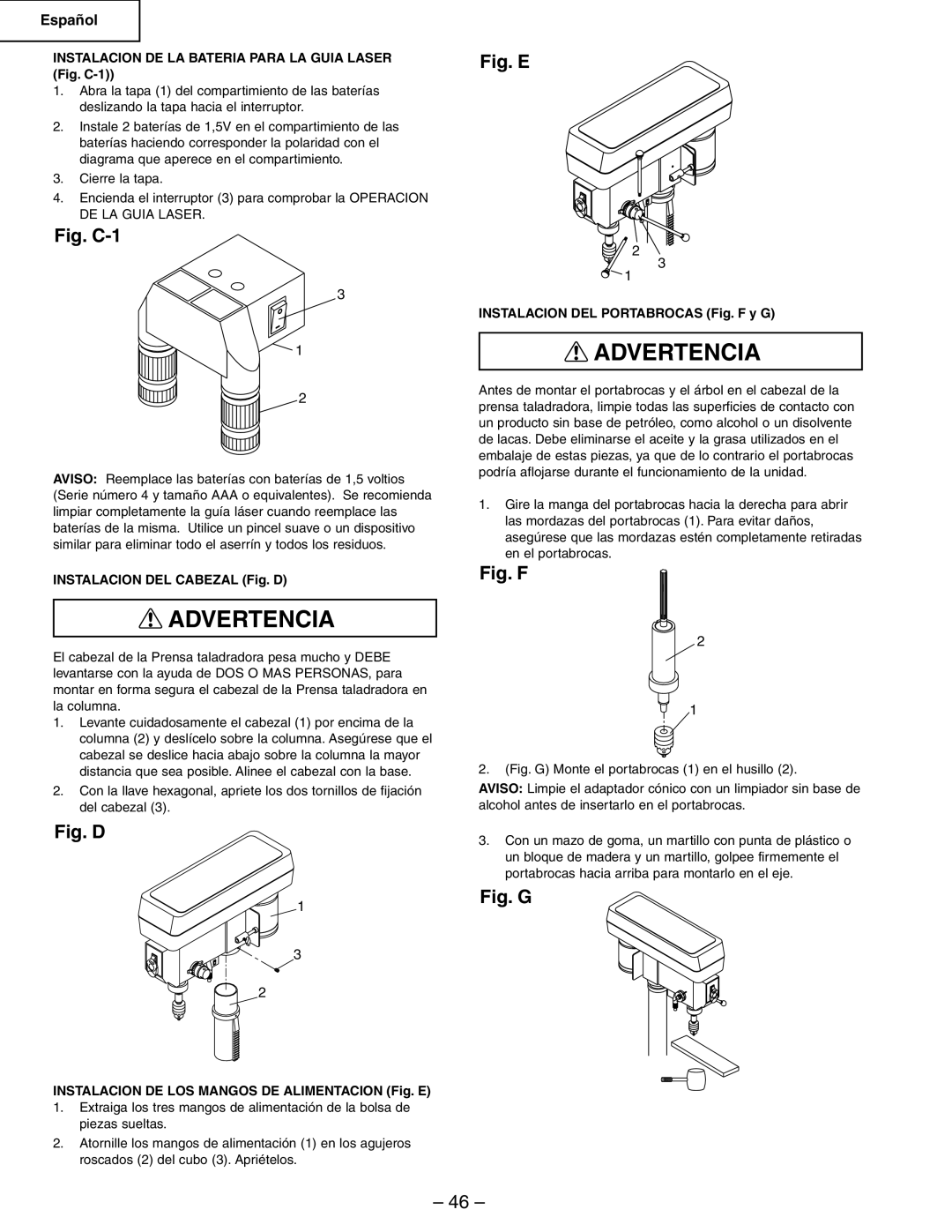 Hitachi B13F instruction manual Instalacion DE LA Bateria Para LA Guia Laser Fig. C-1, Instalacion DEL Cabezal Fig. D 