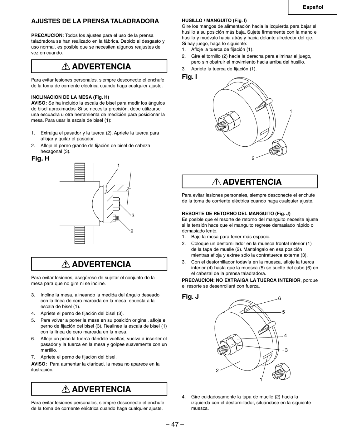 Hitachi B13F instruction manual Ajustes DE LA Prensa Taladradora, Inclinacion DE LA Mesa Fig. H, Husillo / Manguito Fig 