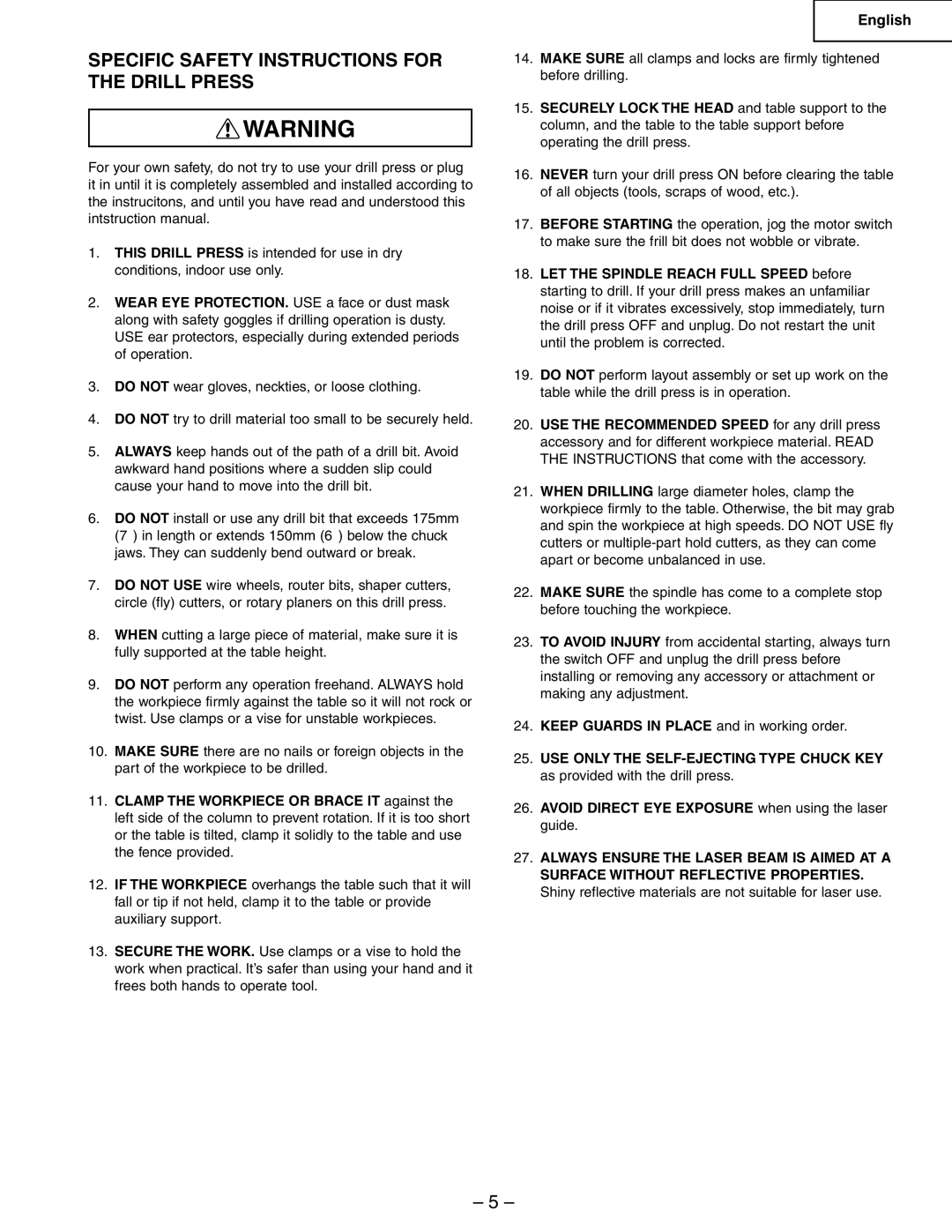 Hitachi B13F instruction manual Specific Safety Instructions for the Drill Press 