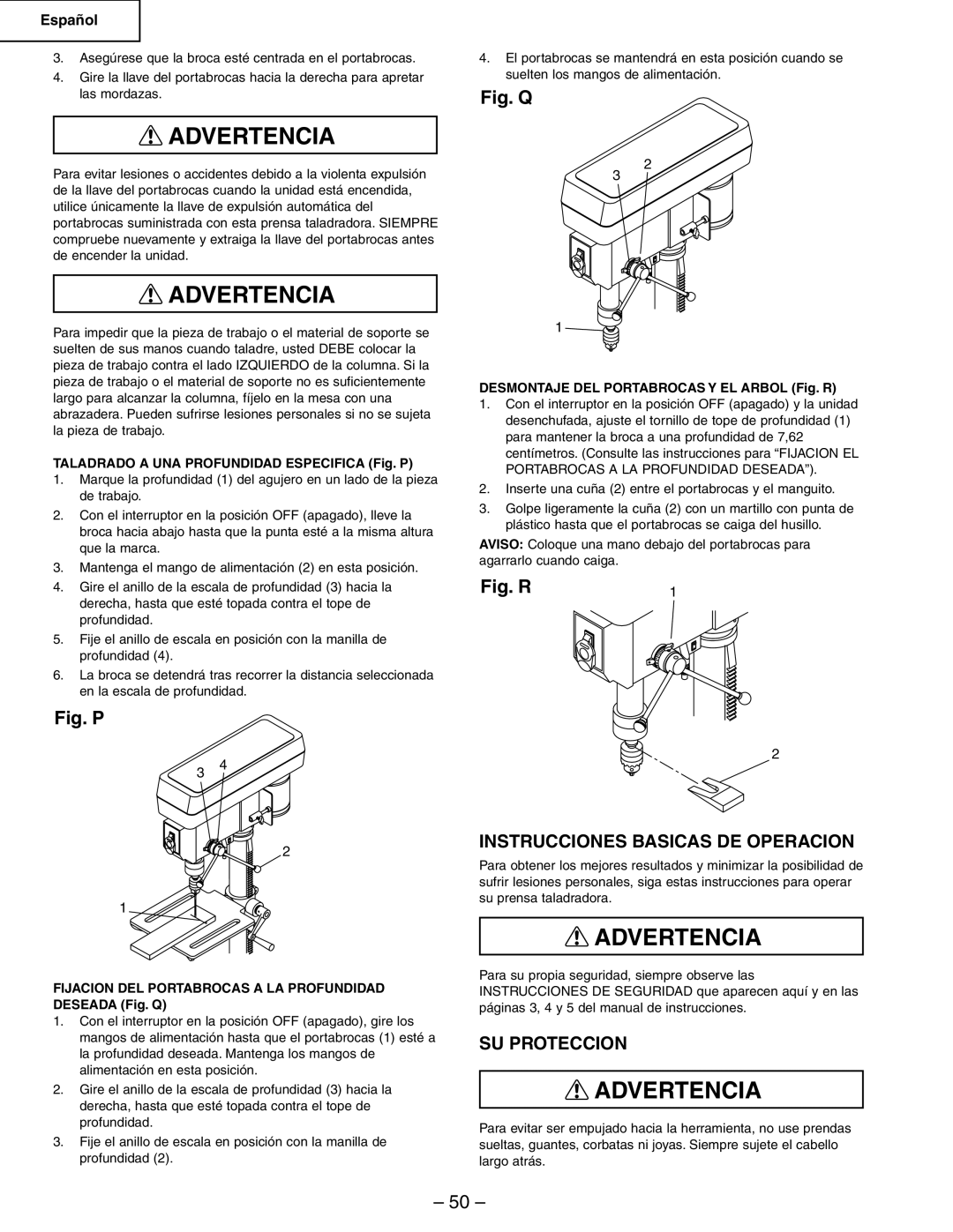 Hitachi B13F Instrucciones Basicas DE Operacion, SU Proteccion, Taladrado a UNA Profundidad Especifica Fig. P 