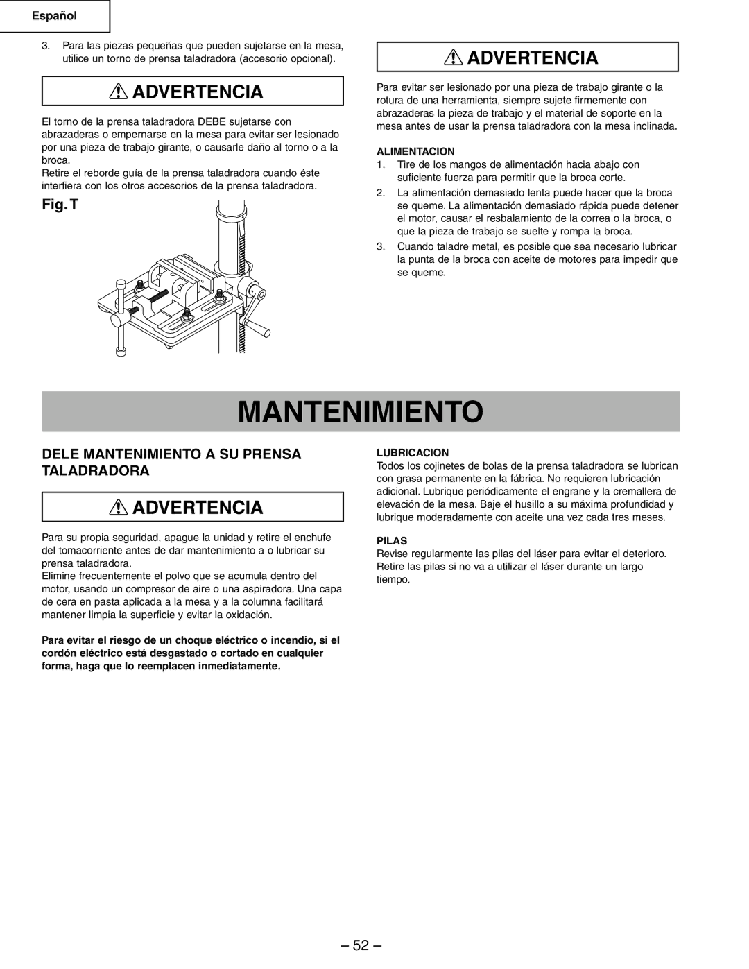 Hitachi B13F instruction manual Dele Mantenimiento a SU Prensa Taladradora, Alimentacion, Lubricacion, Pilas 