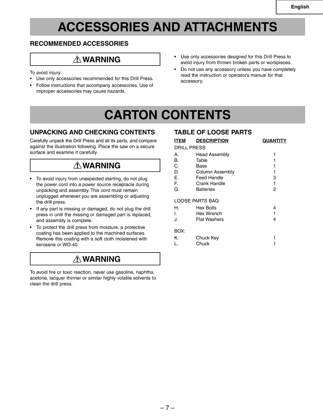 Hitachi B13F instruction manual Accessories and Attachments, Carton Contents 