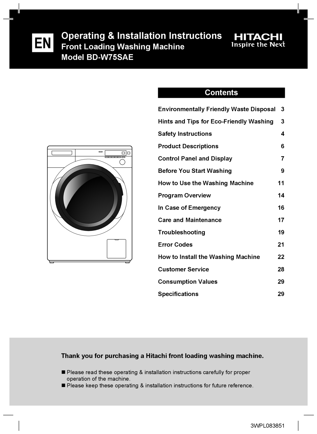 Hitachi BD-W75SAE installation instructions Operating & Installation Instructions 