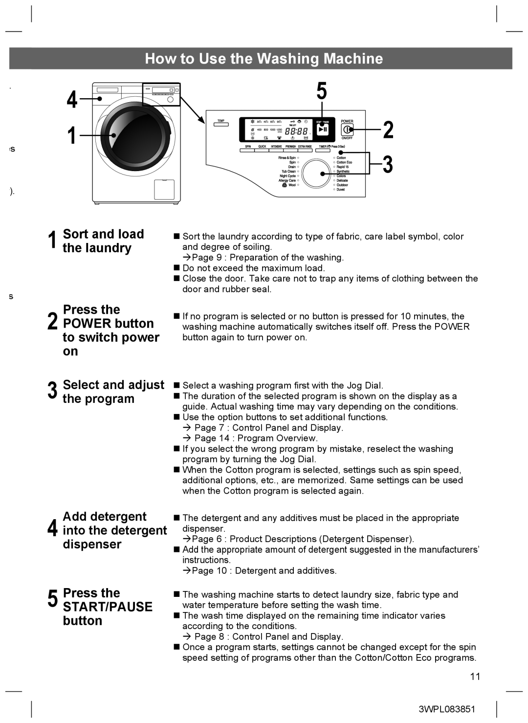 Hitachi BD-W75SAE How to Use the Washing Machine, Add detergent, Press START/PAUSE button, Into the detergent dispenser 