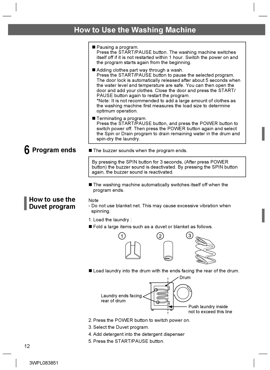 Hitachi BD-W75SAE installation instructions Program ends How to use the Duvet program 