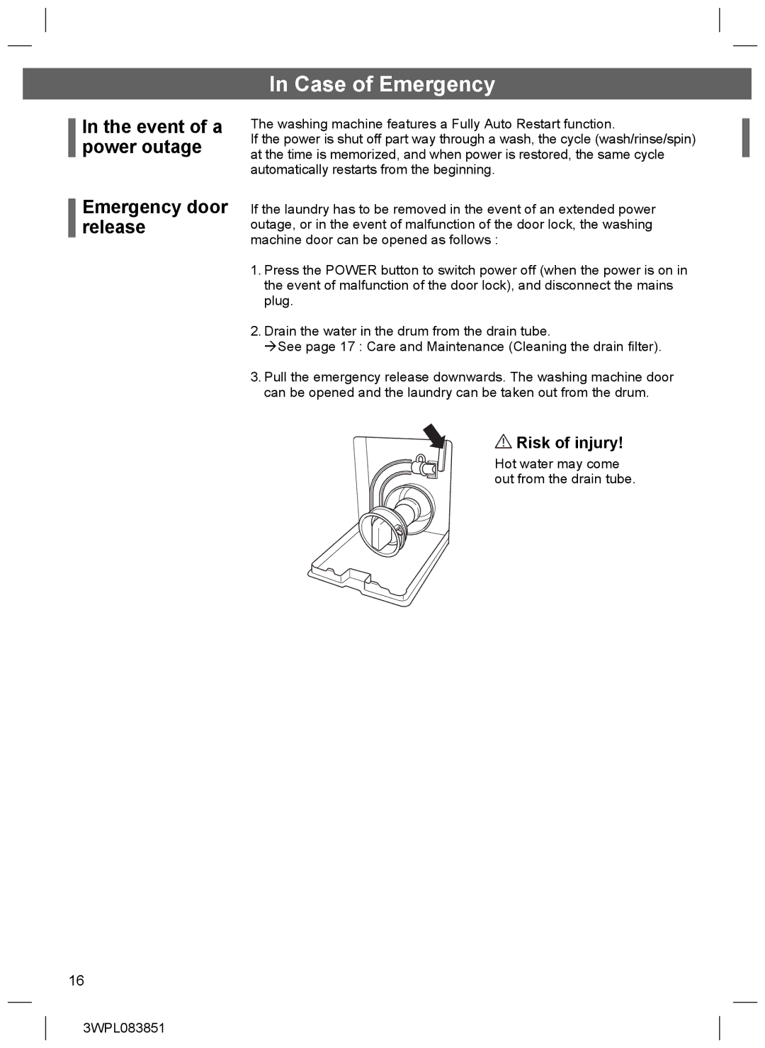 Hitachi BD-W75SAE installation instructions Case of Emergency, Event of a power outage Emergency door release 