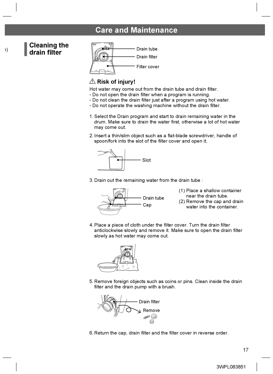 Hitachi BD-W75SAE installation instructions Care and Maintenance, Cleaning the drain ﬁlter 