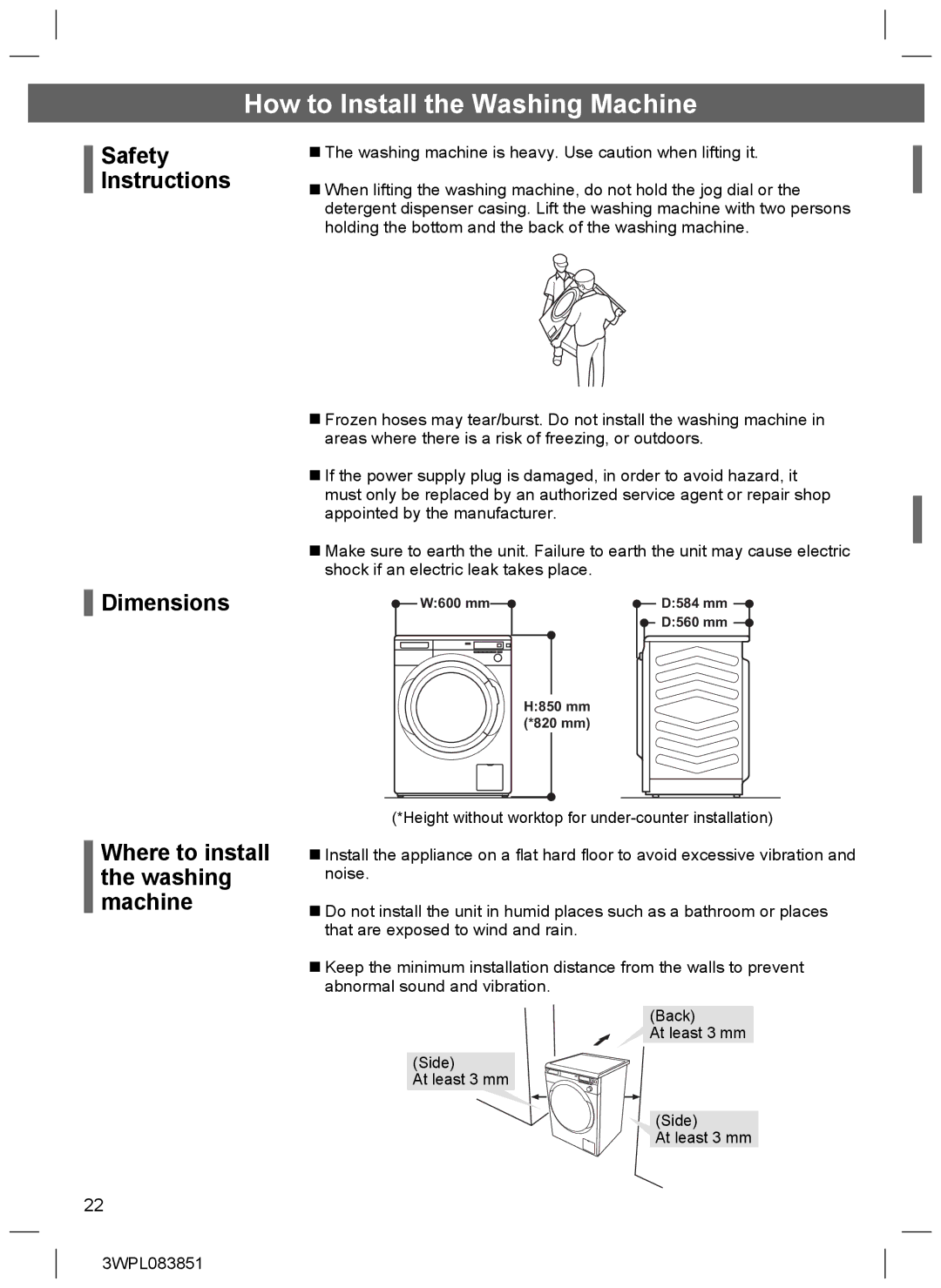 Hitachi BD-W75SAE How to Install the Washing Machine, Safety Instructions Dimensions, Where to install the washing machine 