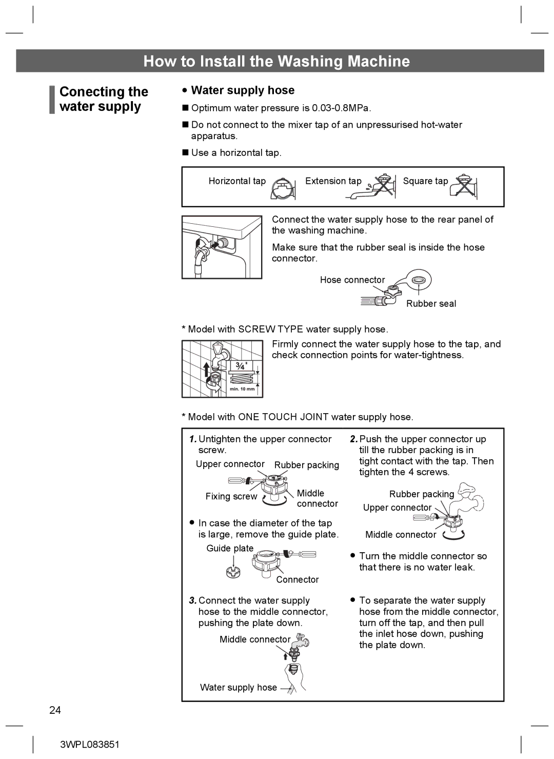 Hitachi BD-W75SAE installation instructions Conecting the water supply, Water supply hose 