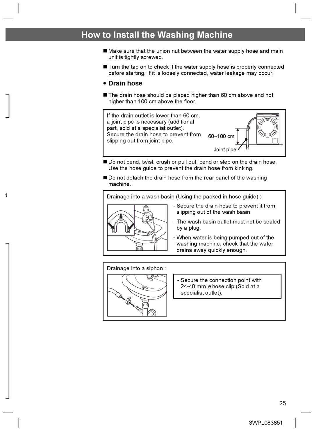 Hitachi BD-W75SAE installation instructions Drain hose 