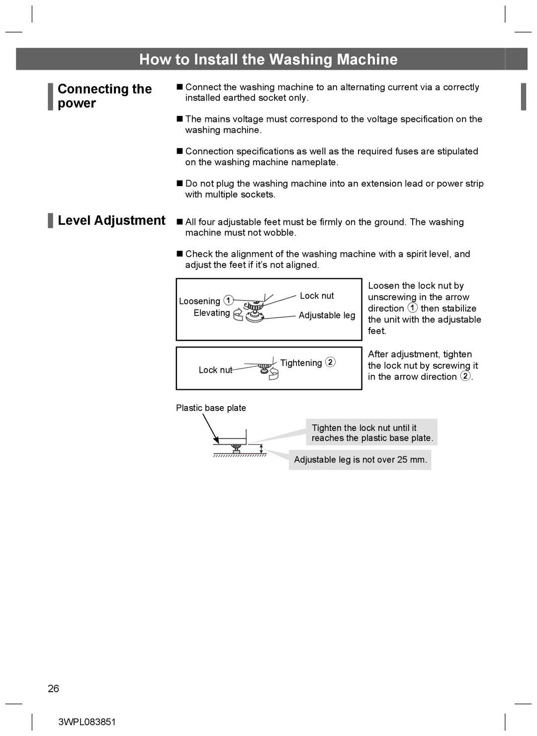 Hitachi BD-W75SAE installation instructions Connecting the power Level Adjustment 