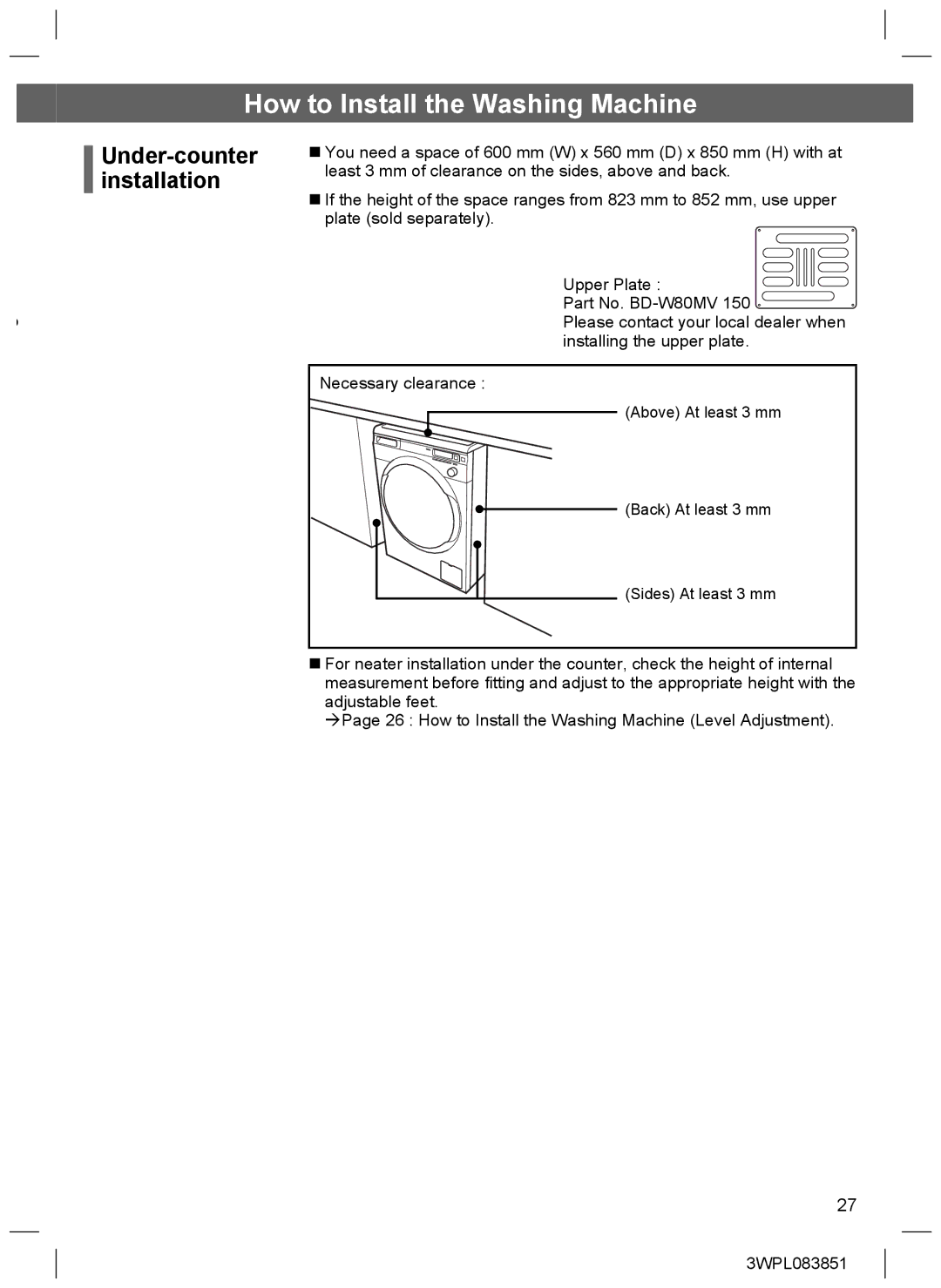 Hitachi BD-W75SAE installation instructions Under-counter installation 