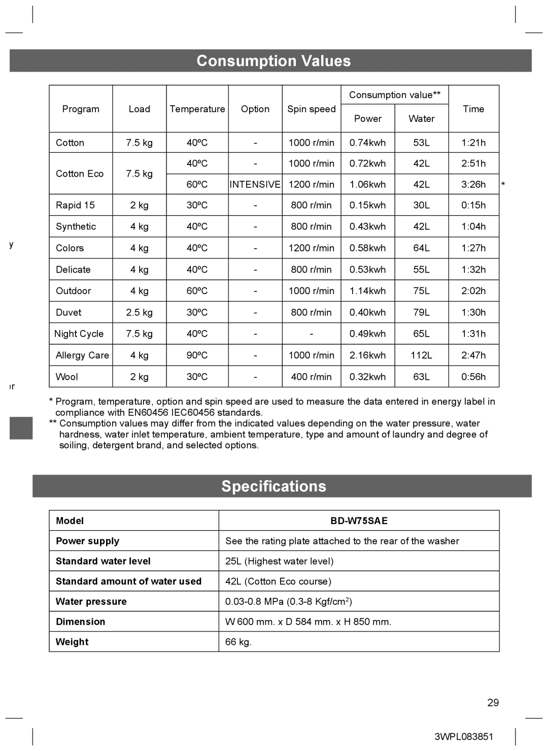 Hitachi BD-W75SAE installation instructions Consumption Values, Speciﬁcations 