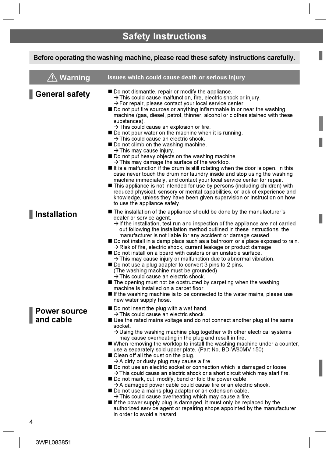 Hitachi BD-W75SAE installation instructions Safety Instructions, General safety Installation Power source and cable 