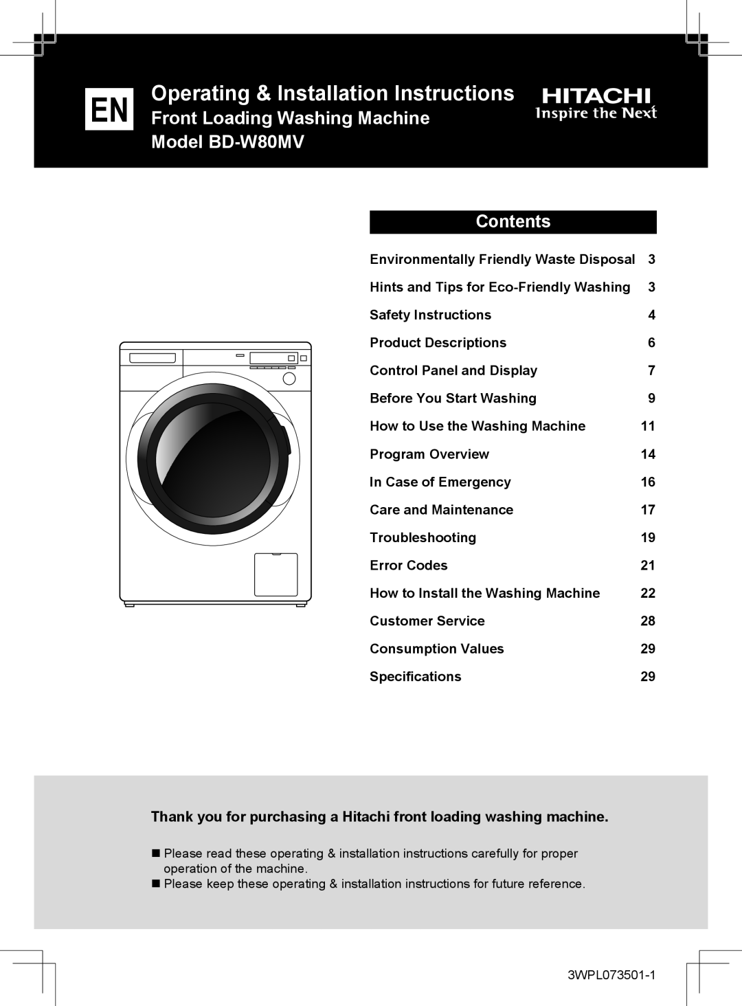 Hitachi BD-W80MV installation instructions Operating & Installation Instructions 