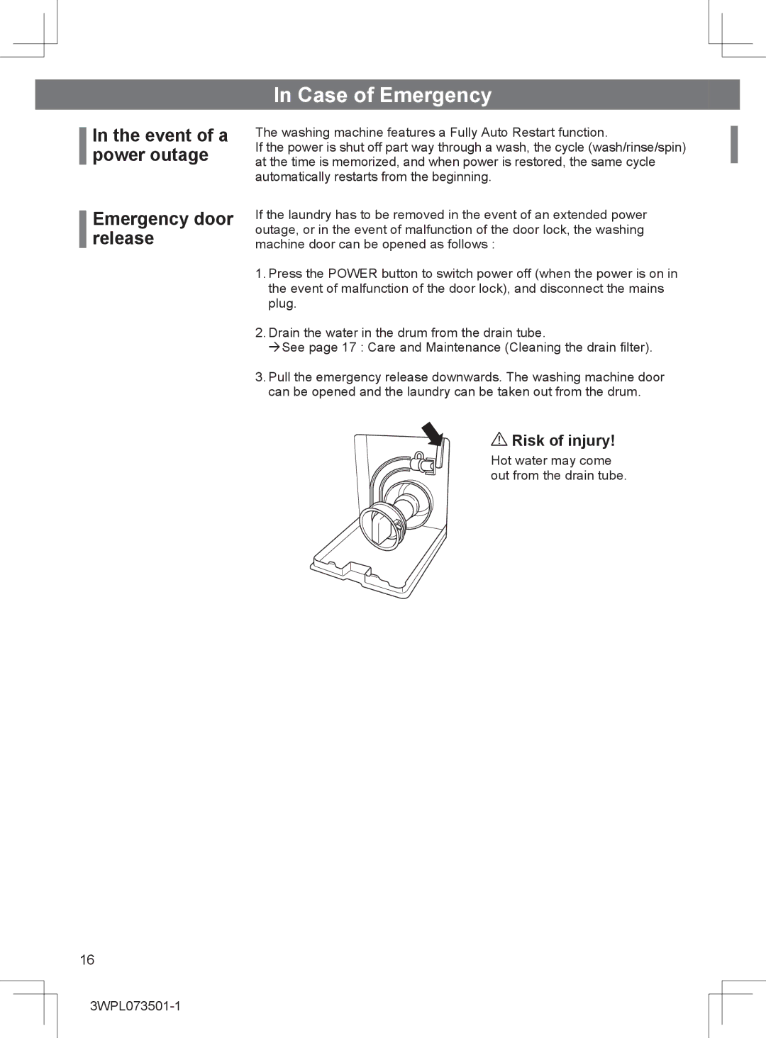 Hitachi BD-W80MV installation instructions Case of Emergency, Event of a power outage Emergency door release 