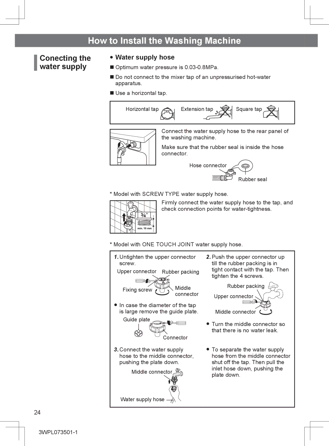 Hitachi BD-W80MV installation instructions Conecting the water supply, Water supply hose 