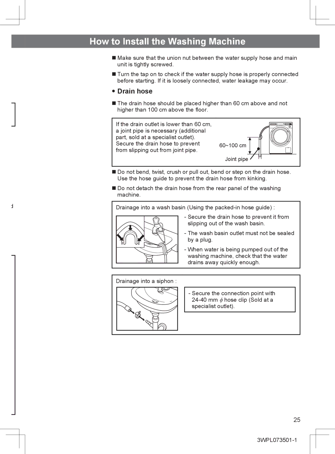 Hitachi BD-W80MV installation instructions Drain hose 