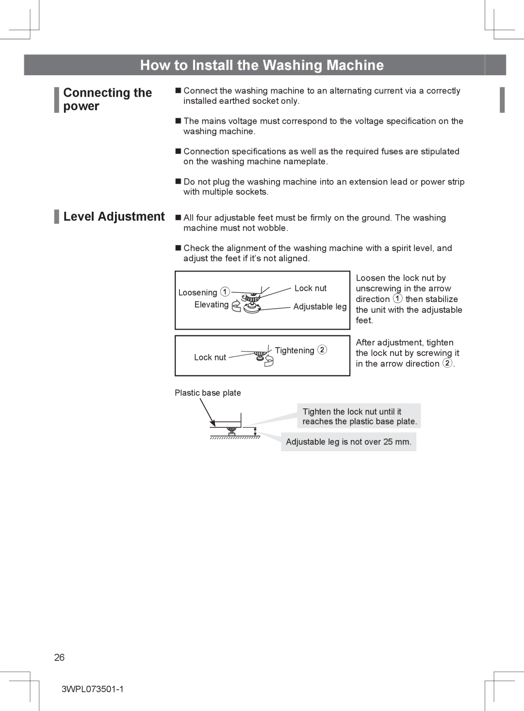 Hitachi BD-W80MV installation instructions Connecting the power Level Adjustment 