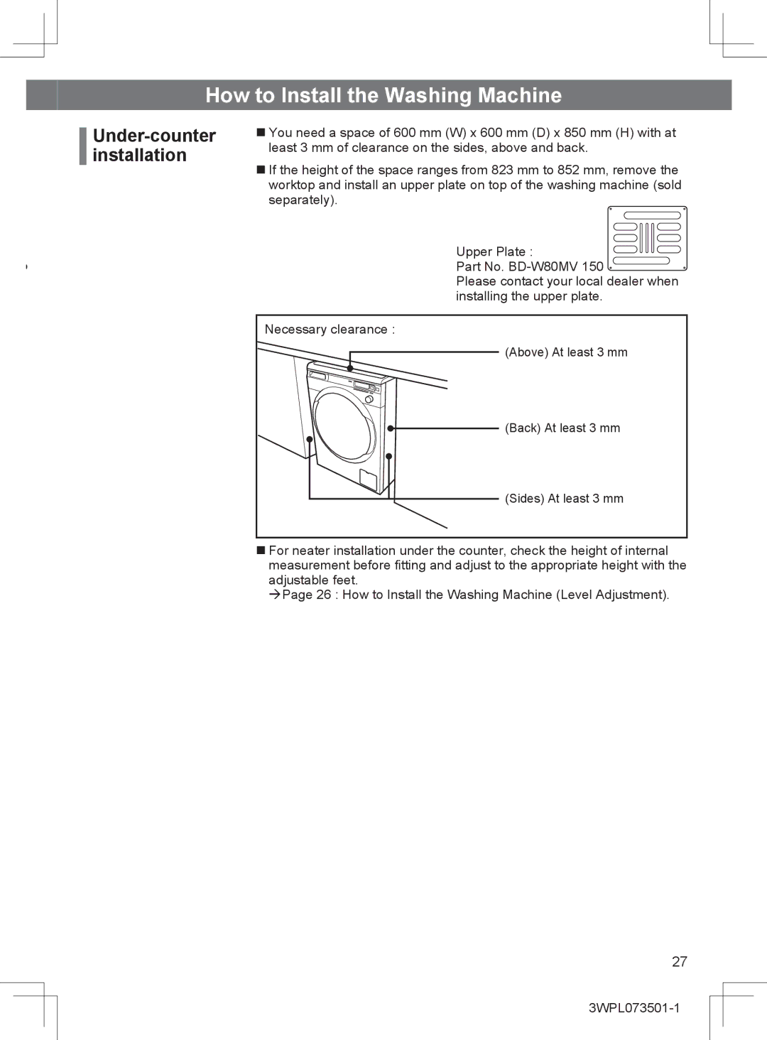 Hitachi BD-W80MV installation instructions Under-counter installation 