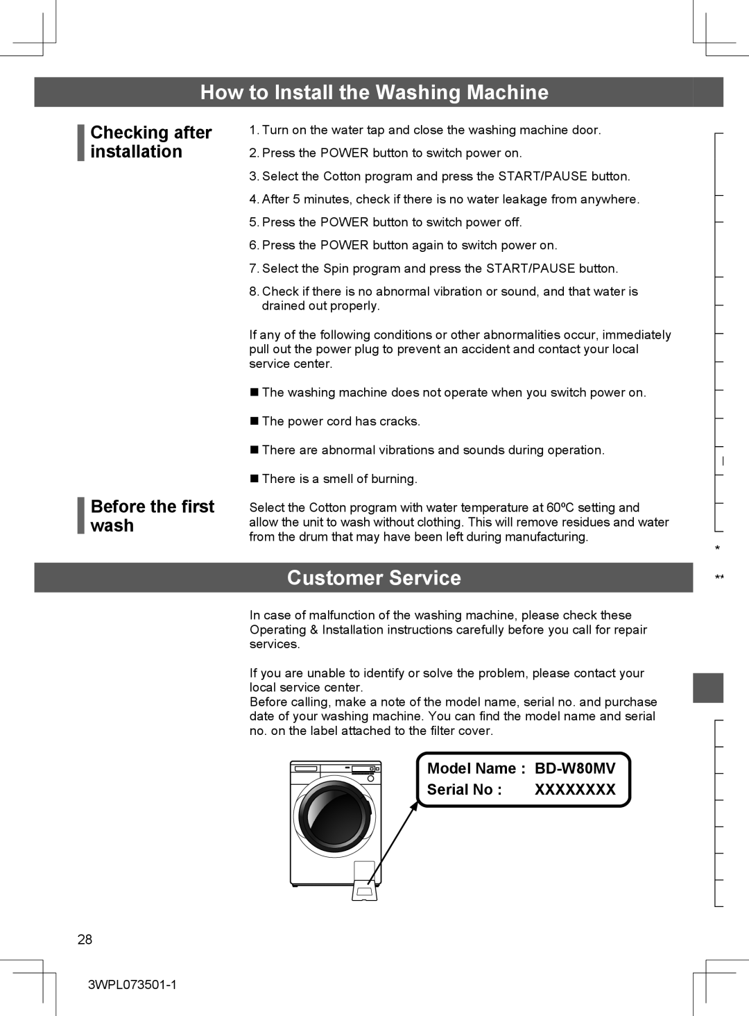 Hitachi BD-W80MV installation instructions Customer Service, Checking after installation Before the first wash 