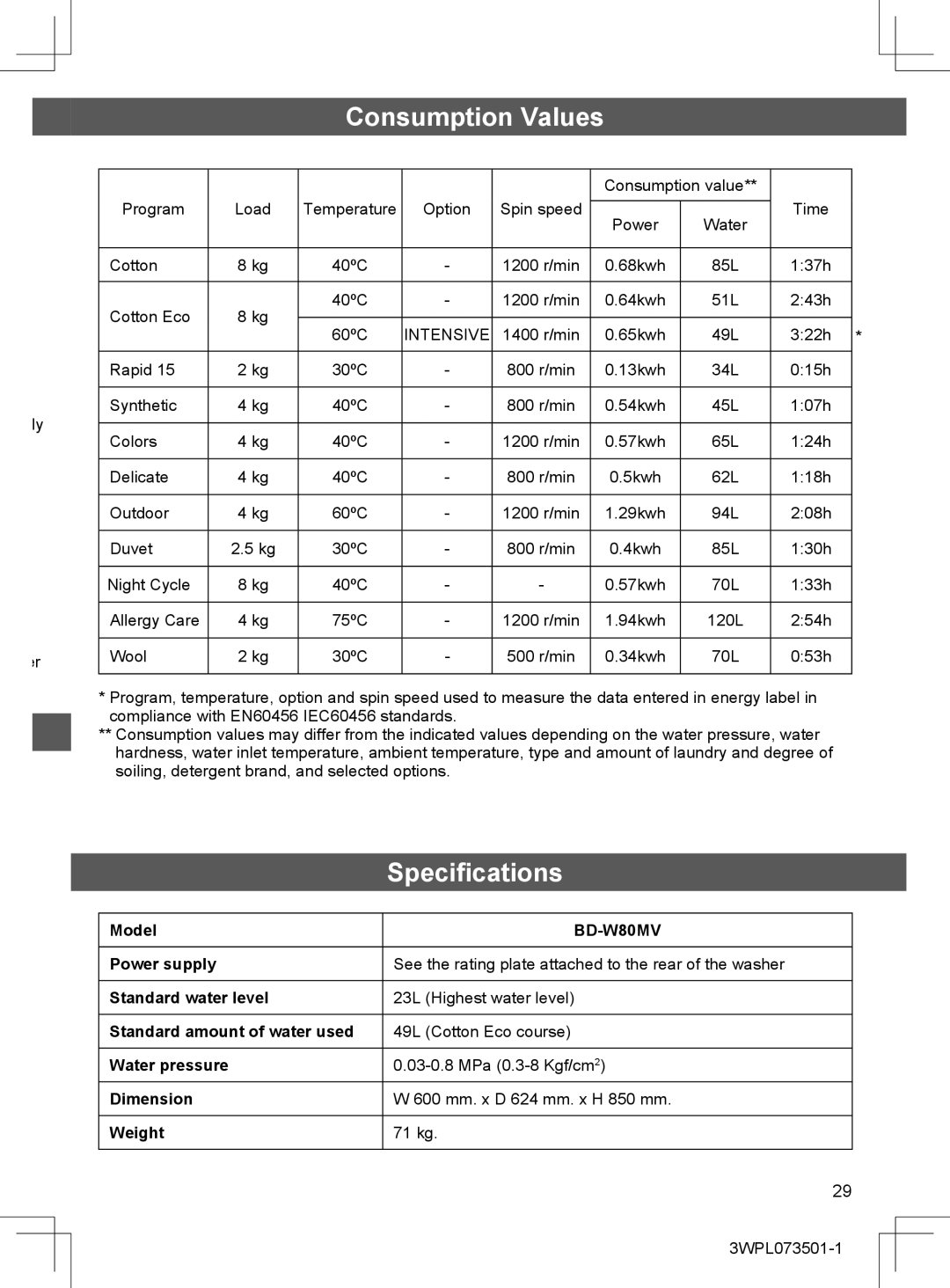 Hitachi BD-W80MV installation instructions Consumption Values, Specifications 